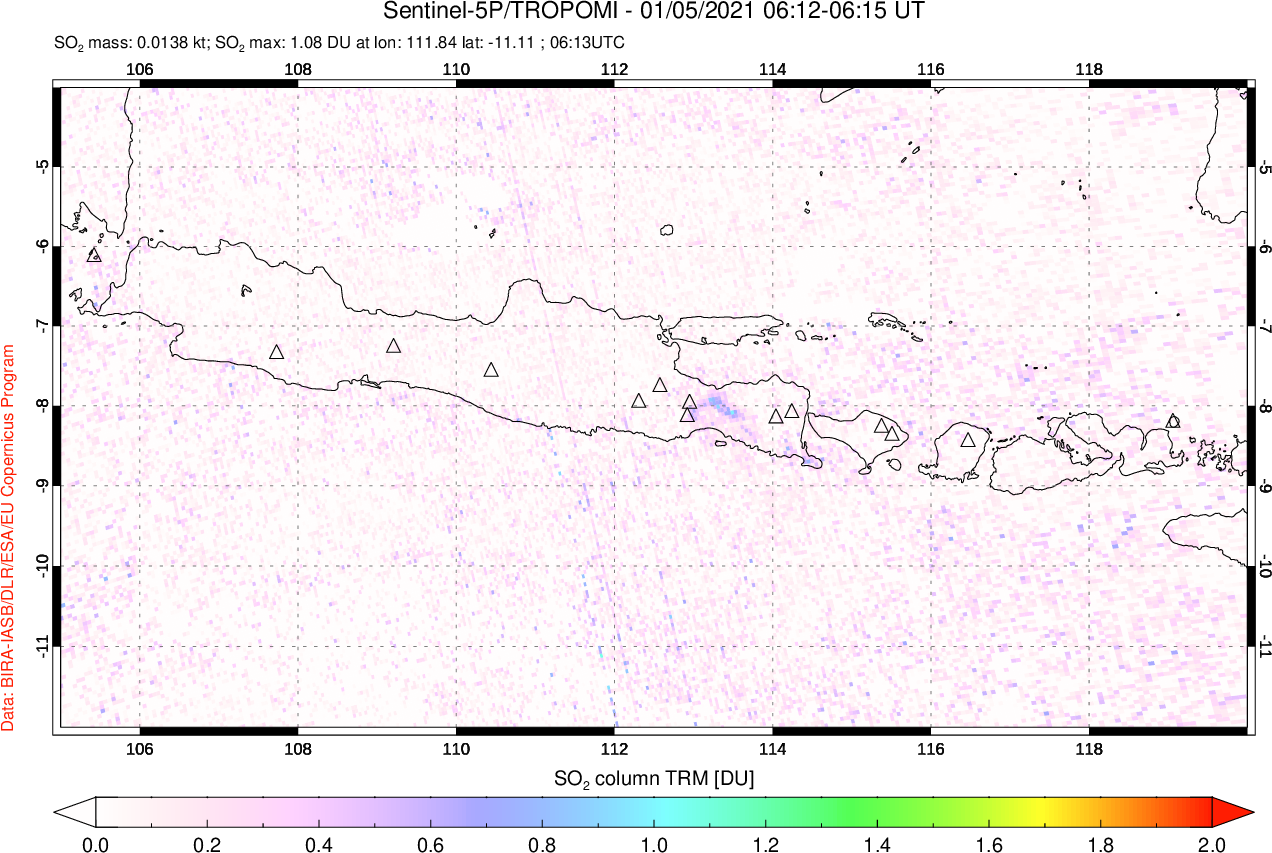 A sulfur dioxide image over Java, Indonesia on Jan 05, 2021.