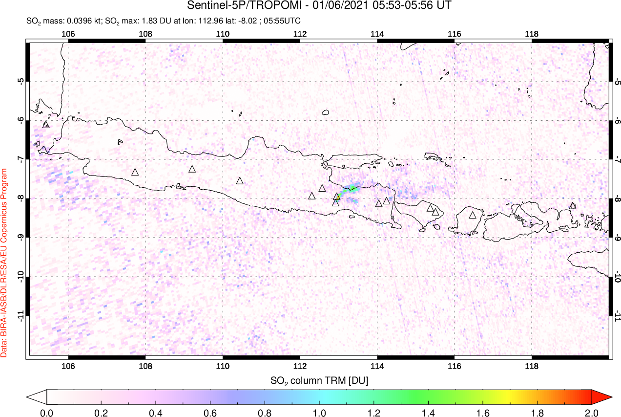 A sulfur dioxide image over Java, Indonesia on Jan 06, 2021.