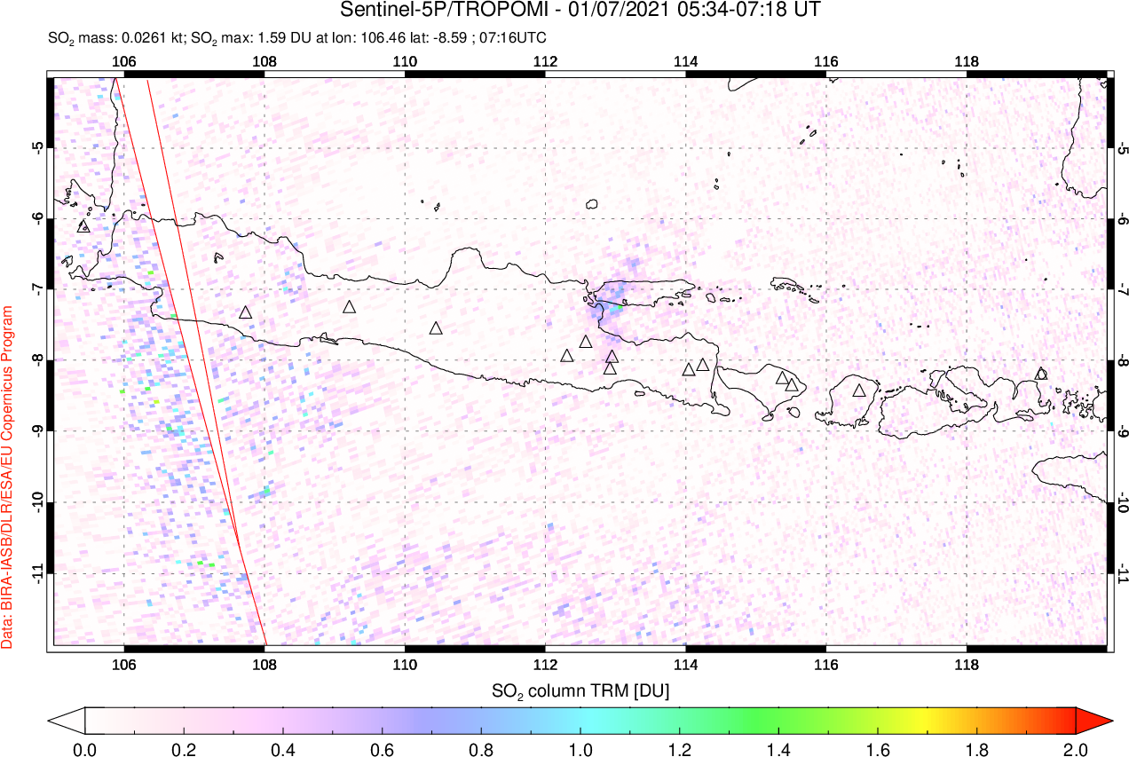 A sulfur dioxide image over Java, Indonesia on Jan 07, 2021.
