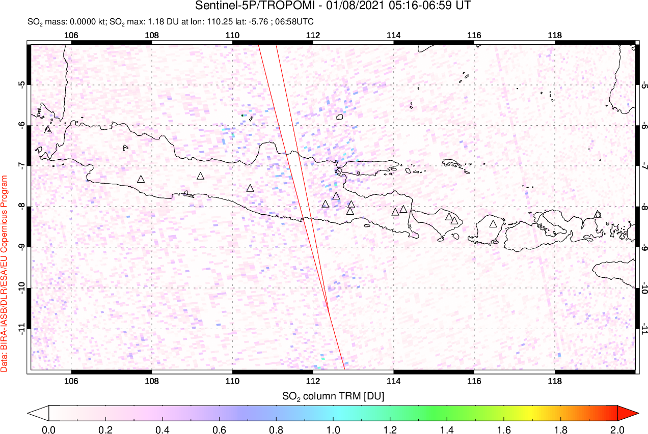 A sulfur dioxide image over Java, Indonesia on Jan 08, 2021.