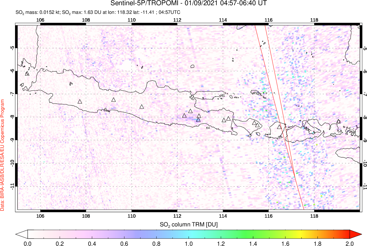 A sulfur dioxide image over Java, Indonesia on Jan 09, 2021.
