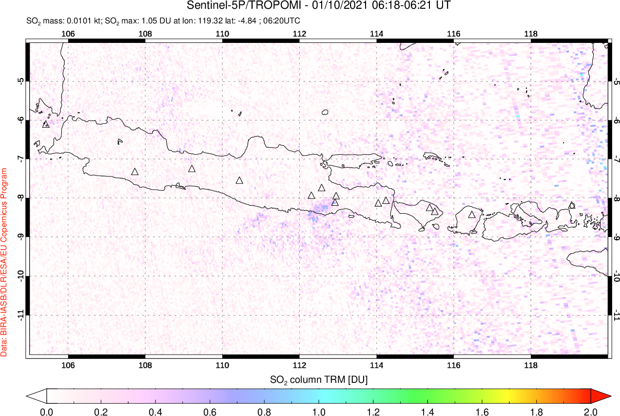A sulfur dioxide image over Java, Indonesia on Jan 10, 2021.