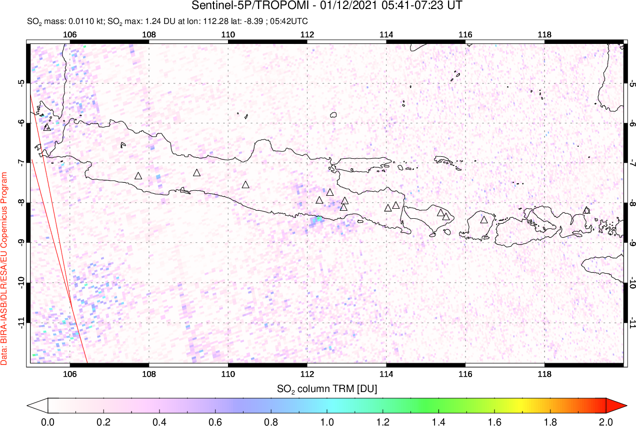 A sulfur dioxide image over Java, Indonesia on Jan 12, 2021.