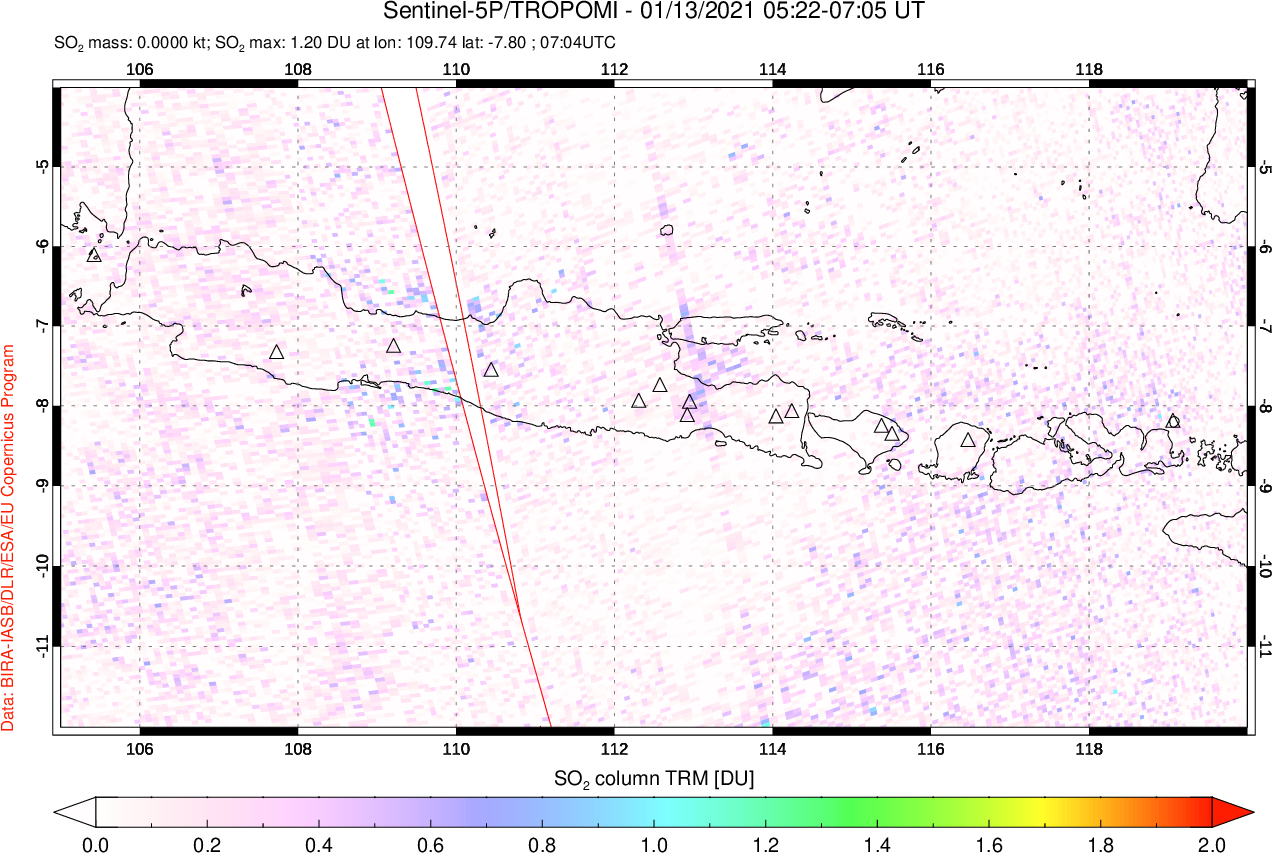 A sulfur dioxide image over Java, Indonesia on Jan 13, 2021.