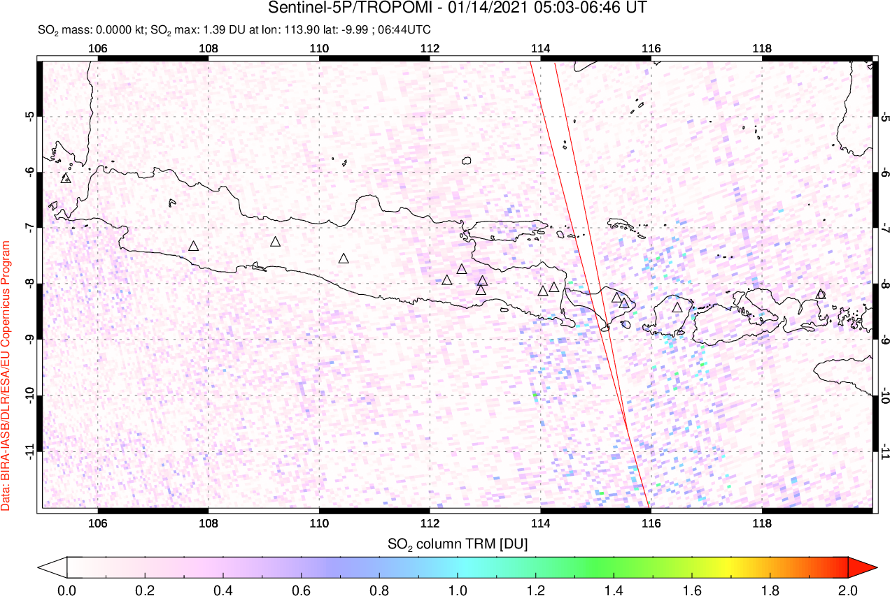A sulfur dioxide image over Java, Indonesia on Jan 14, 2021.