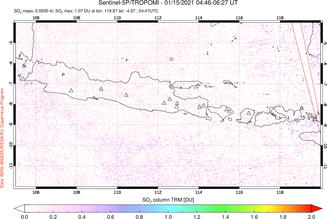 A sulfur dioxide image over Java, Indonesia on Jan 15, 2021.