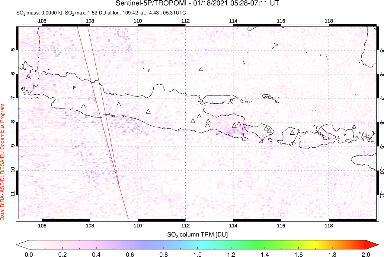 A sulfur dioxide image over Java, Indonesia on Jan 18, 2021.