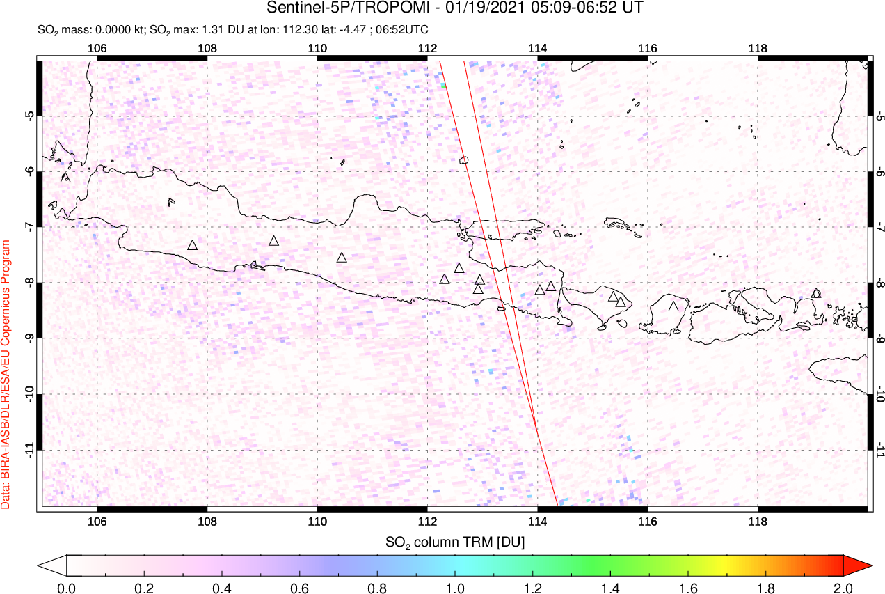 A sulfur dioxide image over Java, Indonesia on Jan 19, 2021.