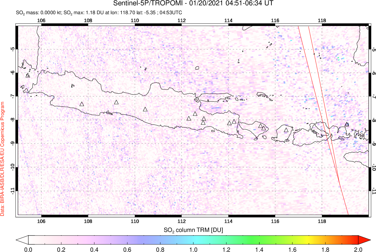 A sulfur dioxide image over Java, Indonesia on Jan 20, 2021.
