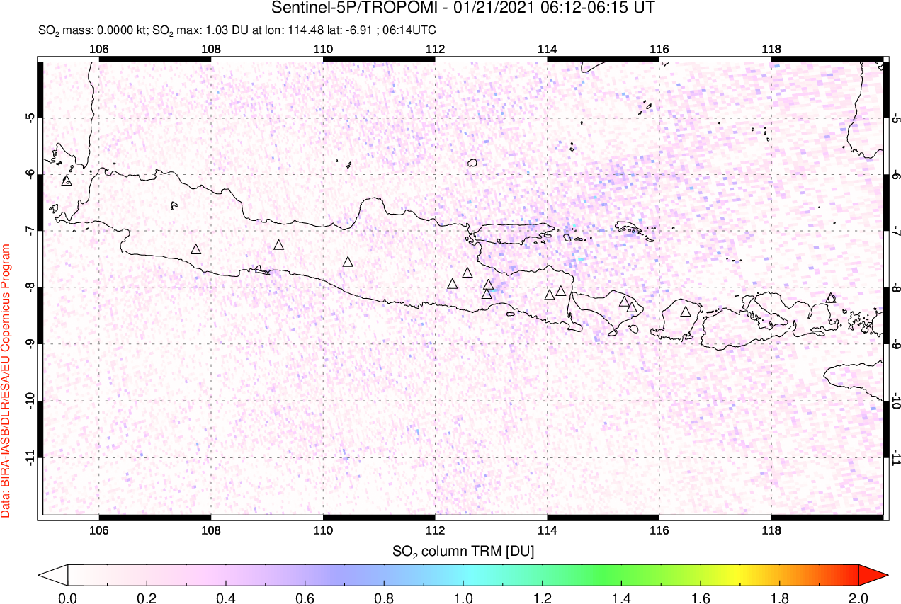 A sulfur dioxide image over Java, Indonesia on Jan 21, 2021.