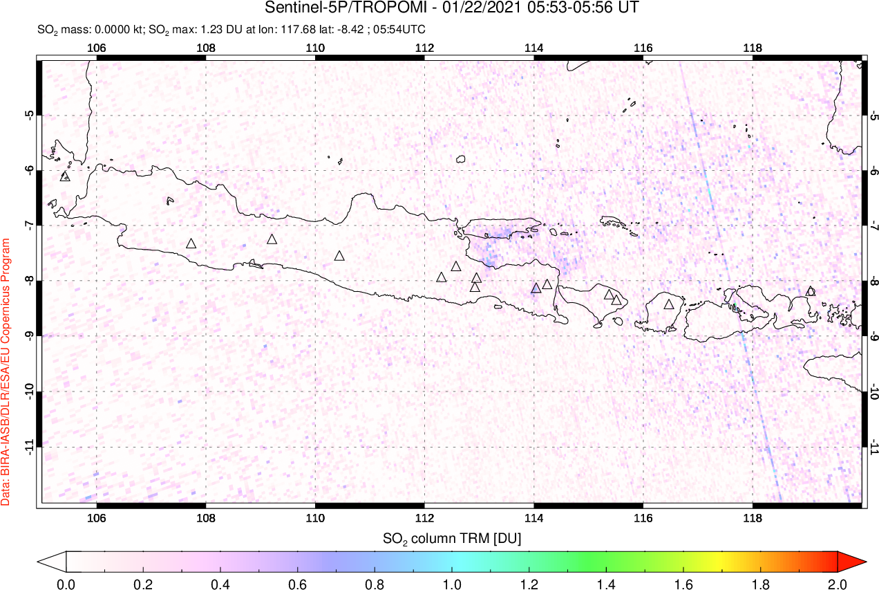 A sulfur dioxide image over Java, Indonesia on Jan 22, 2021.