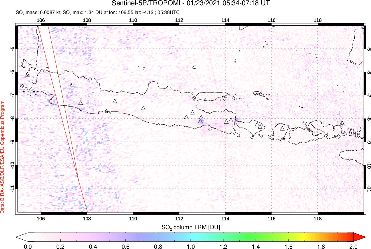 A sulfur dioxide image over Java, Indonesia on Jan 23, 2021.
