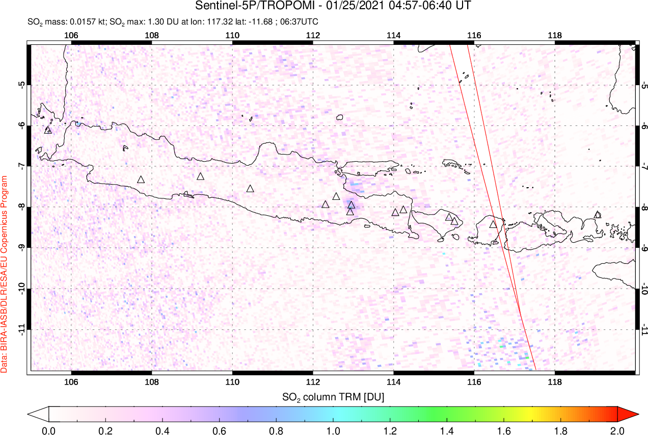 A sulfur dioxide image over Java, Indonesia on Jan 25, 2021.