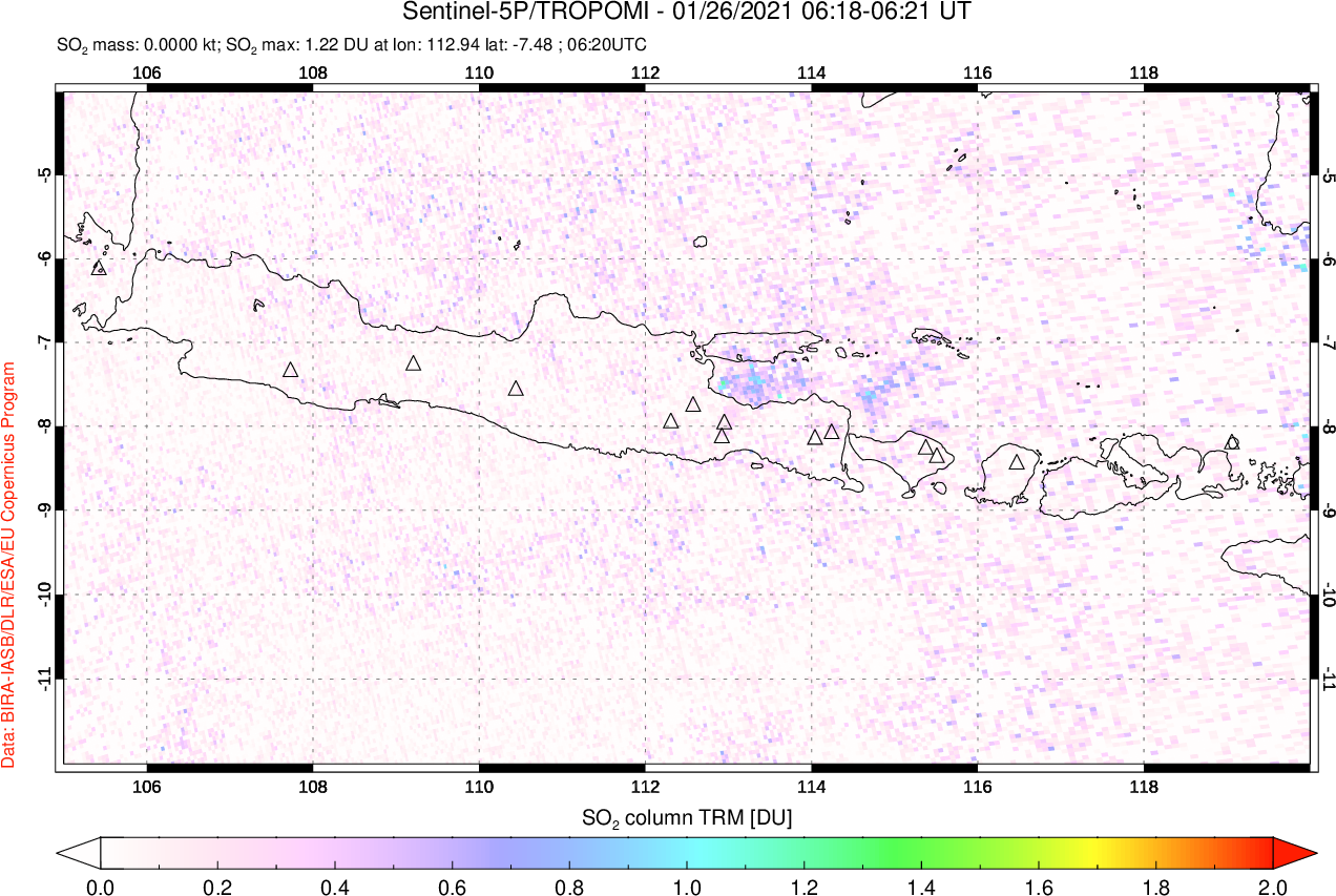 A sulfur dioxide image over Java, Indonesia on Jan 26, 2021.