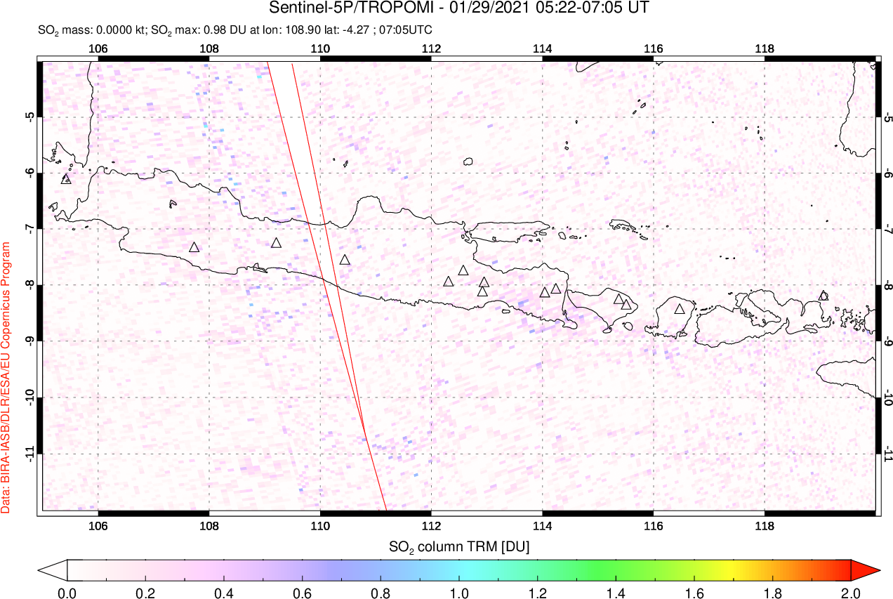 A sulfur dioxide image over Java, Indonesia on Jan 29, 2021.