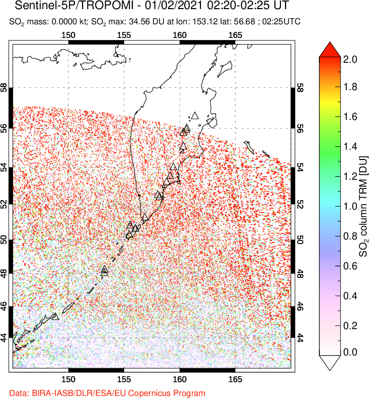 A sulfur dioxide image over Kamchatka, Russian Federation on Jan 02, 2021.