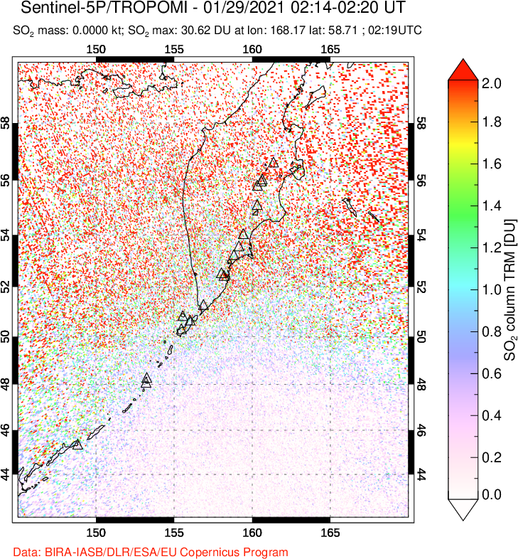 A sulfur dioxide image over Kamchatka, Russian Federation on Jan 29, 2021.