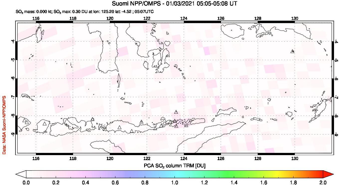 A sulfur dioxide image over Lesser Sunda Islands, Indonesia on Jan 03, 2021.