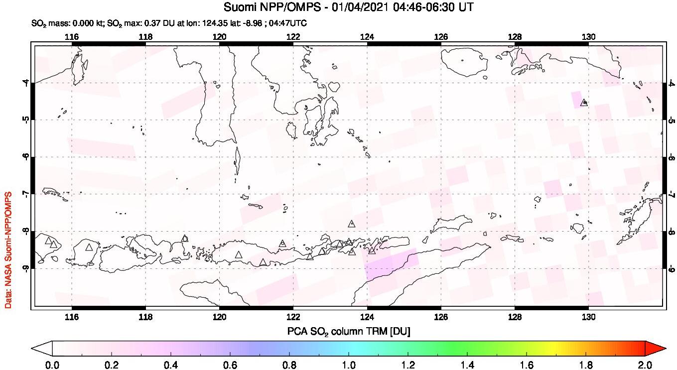 A sulfur dioxide image over Lesser Sunda Islands, Indonesia on Jan 04, 2021.