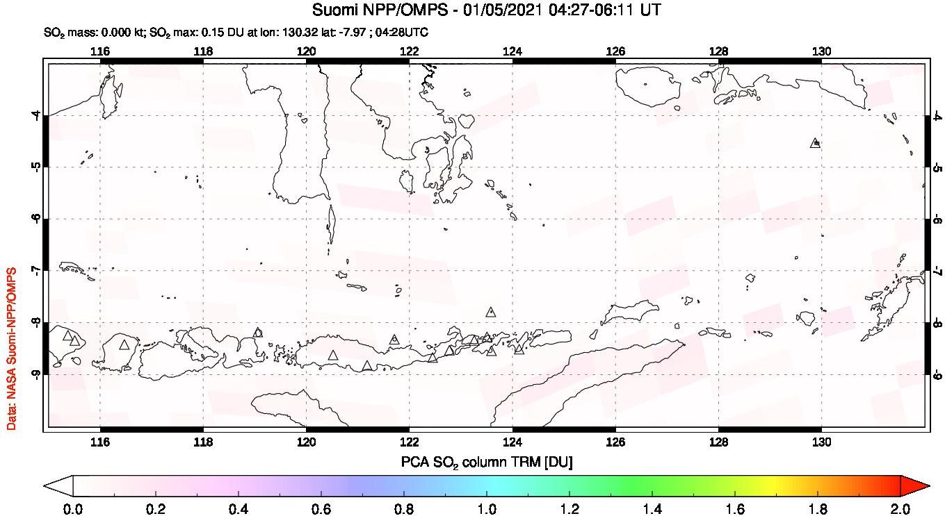A sulfur dioxide image over Lesser Sunda Islands, Indonesia on Jan 05, 2021.
