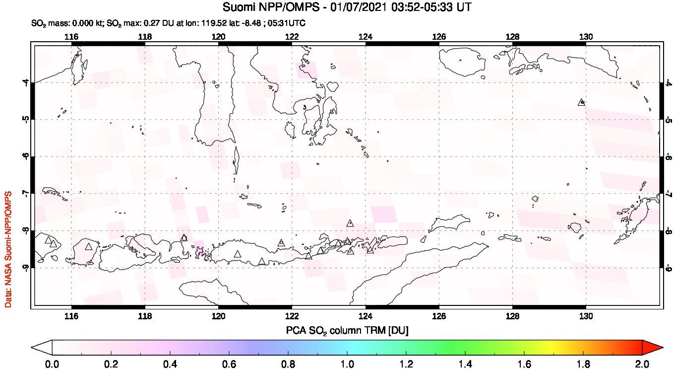 A sulfur dioxide image over Lesser Sunda Islands, Indonesia on Jan 07, 2021.