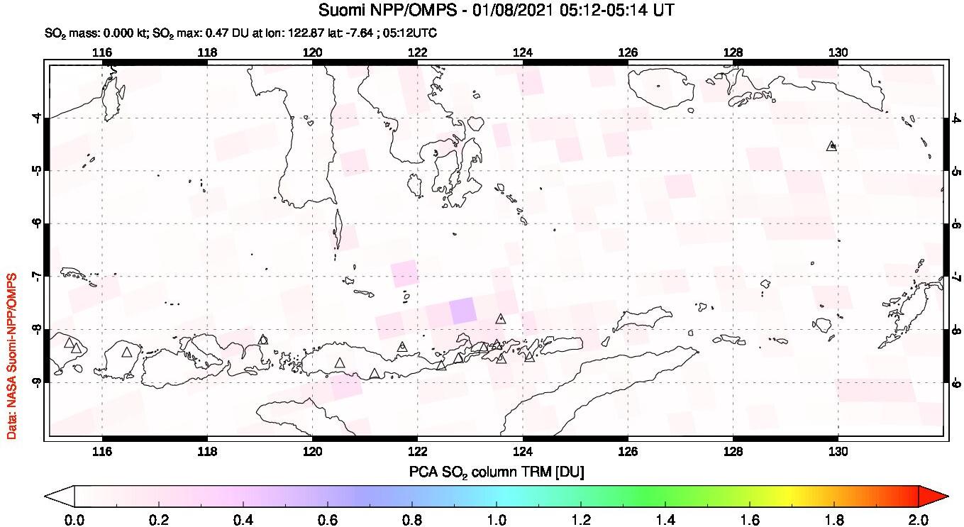 A sulfur dioxide image over Lesser Sunda Islands, Indonesia on Jan 08, 2021.