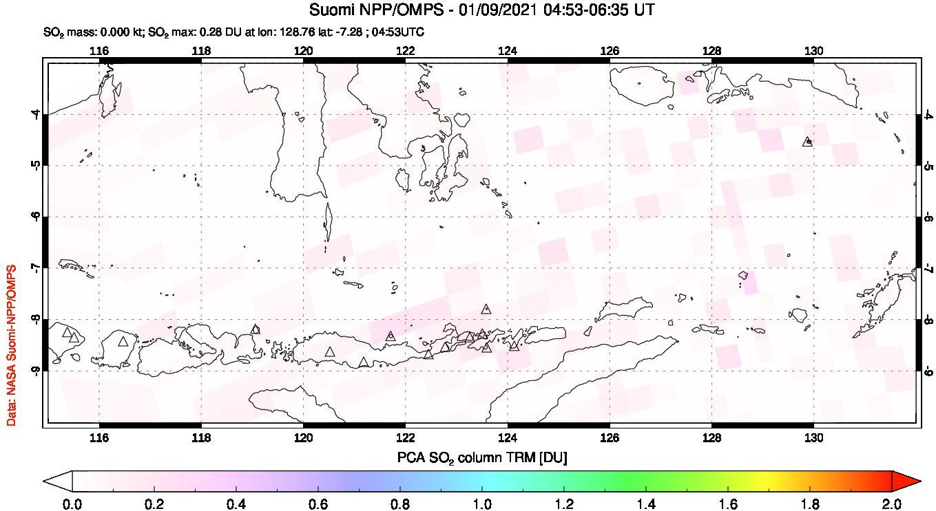 A sulfur dioxide image over Lesser Sunda Islands, Indonesia on Jan 09, 2021.