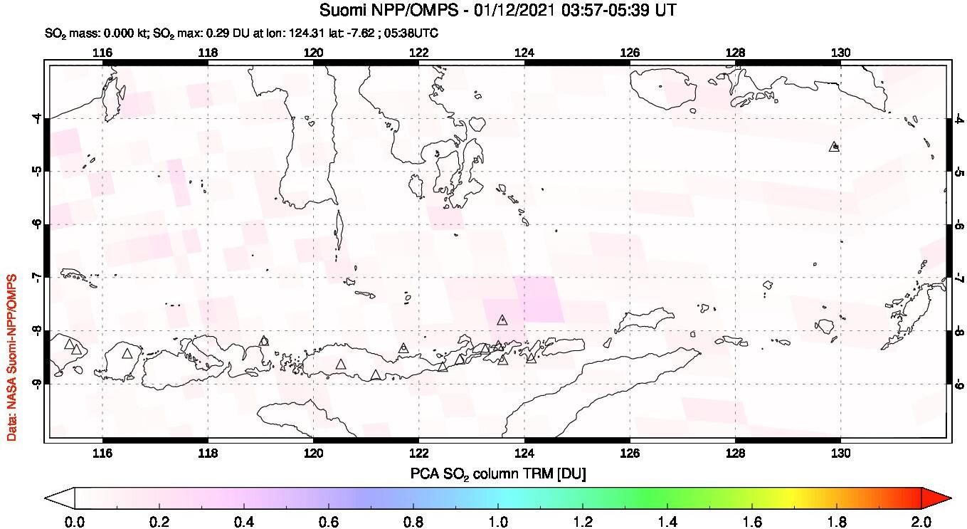 A sulfur dioxide image over Lesser Sunda Islands, Indonesia on Jan 12, 2021.