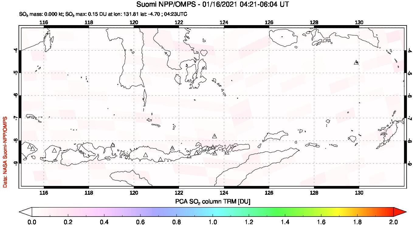 A sulfur dioxide image over Lesser Sunda Islands, Indonesia on Jan 16, 2021.