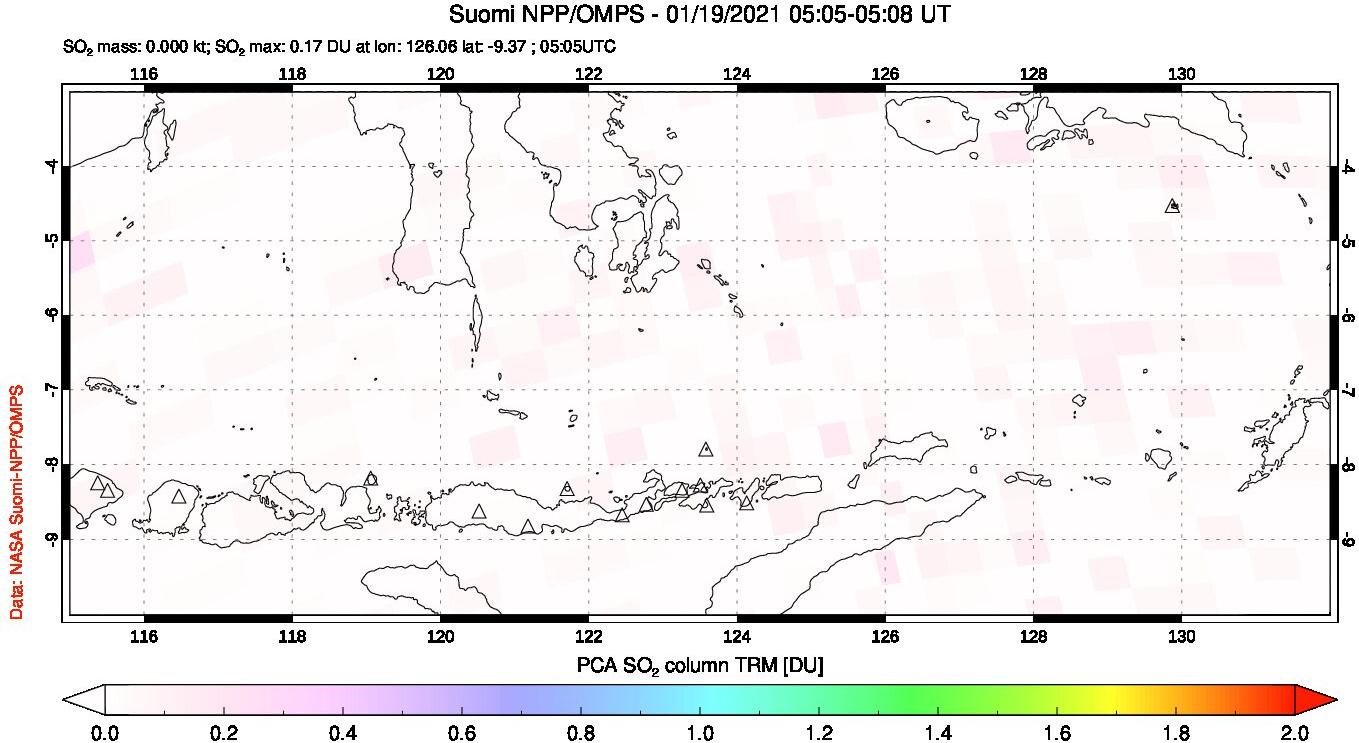 A sulfur dioxide image over Lesser Sunda Islands, Indonesia on Jan 19, 2021.