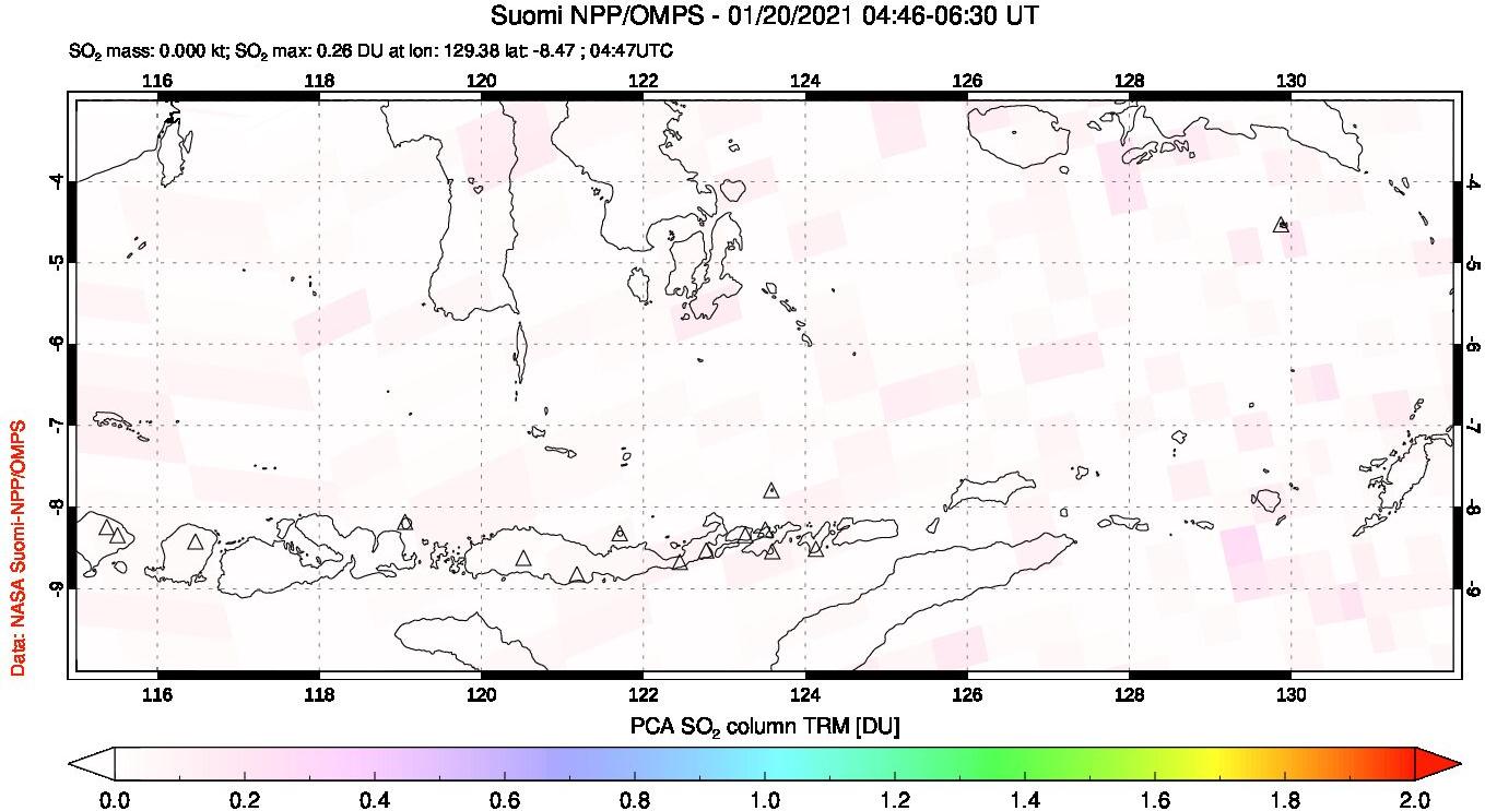 A sulfur dioxide image over Lesser Sunda Islands, Indonesia on Jan 20, 2021.