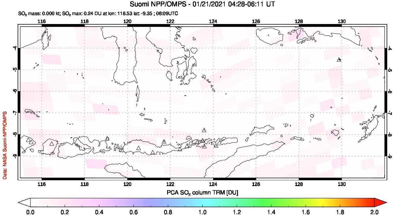 A sulfur dioxide image over Lesser Sunda Islands, Indonesia on Jan 21, 2021.