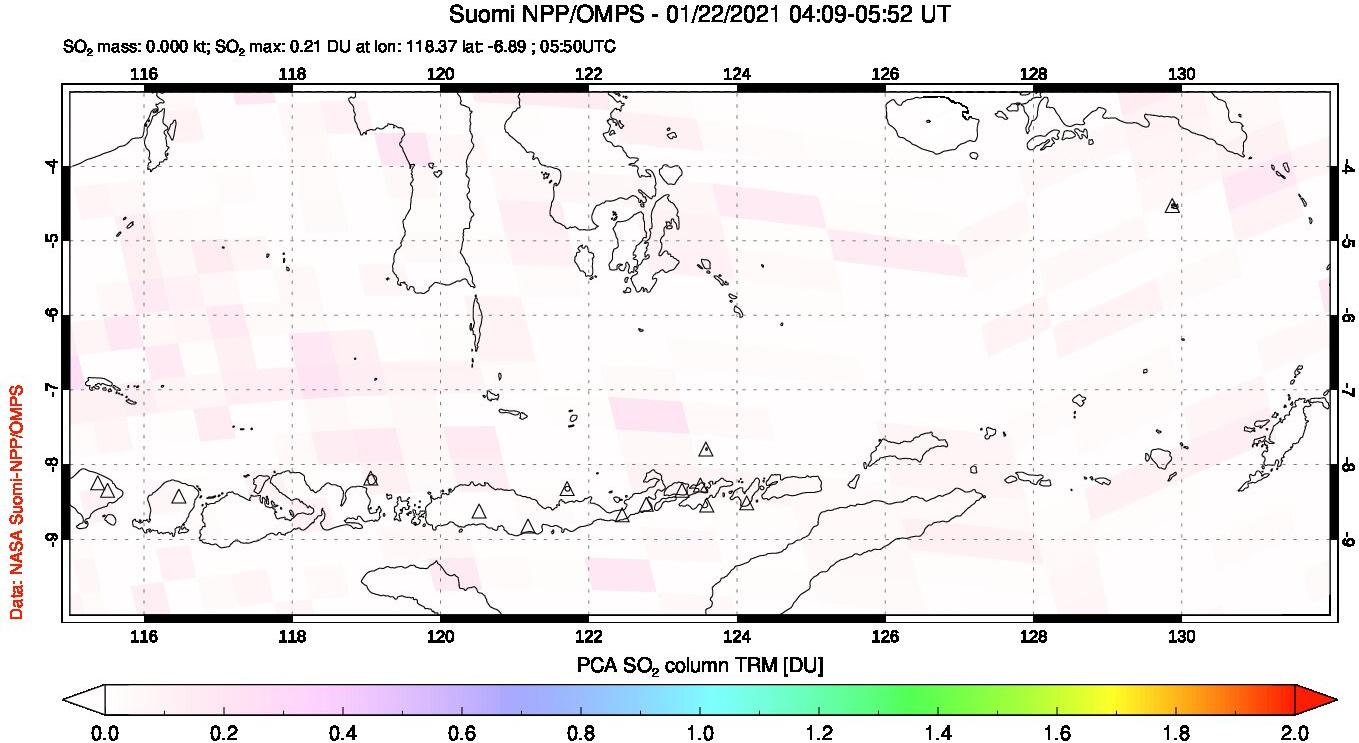 A sulfur dioxide image over Lesser Sunda Islands, Indonesia on Jan 22, 2021.