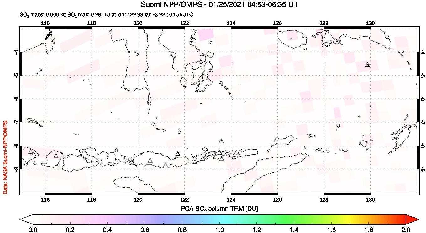 A sulfur dioxide image over Lesser Sunda Islands, Indonesia on Jan 25, 2021.