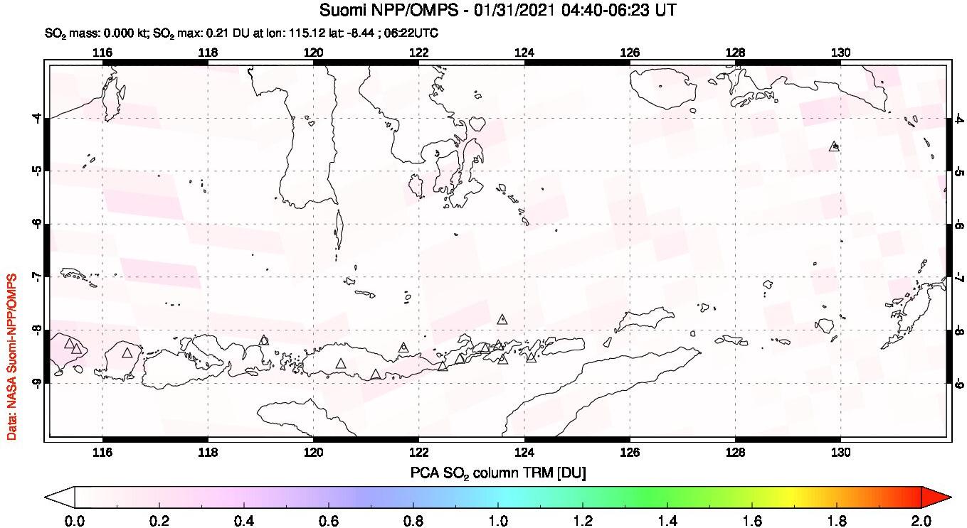 A sulfur dioxide image over Lesser Sunda Islands, Indonesia on Jan 31, 2021.