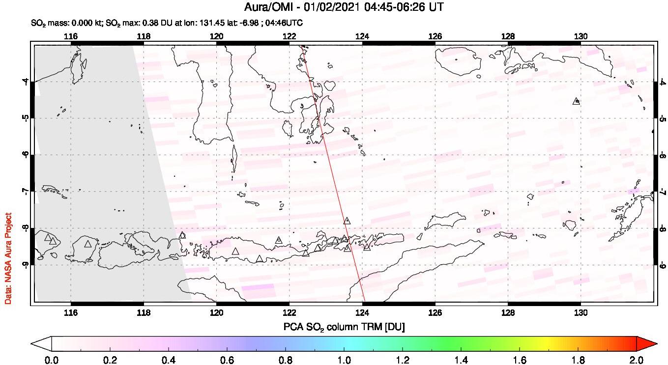 A sulfur dioxide image over Lesser Sunda Islands, Indonesia on Jan 02, 2021.
