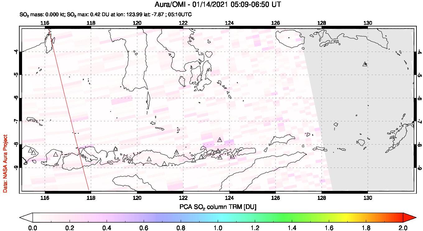 A sulfur dioxide image over Lesser Sunda Islands, Indonesia on Jan 14, 2021.