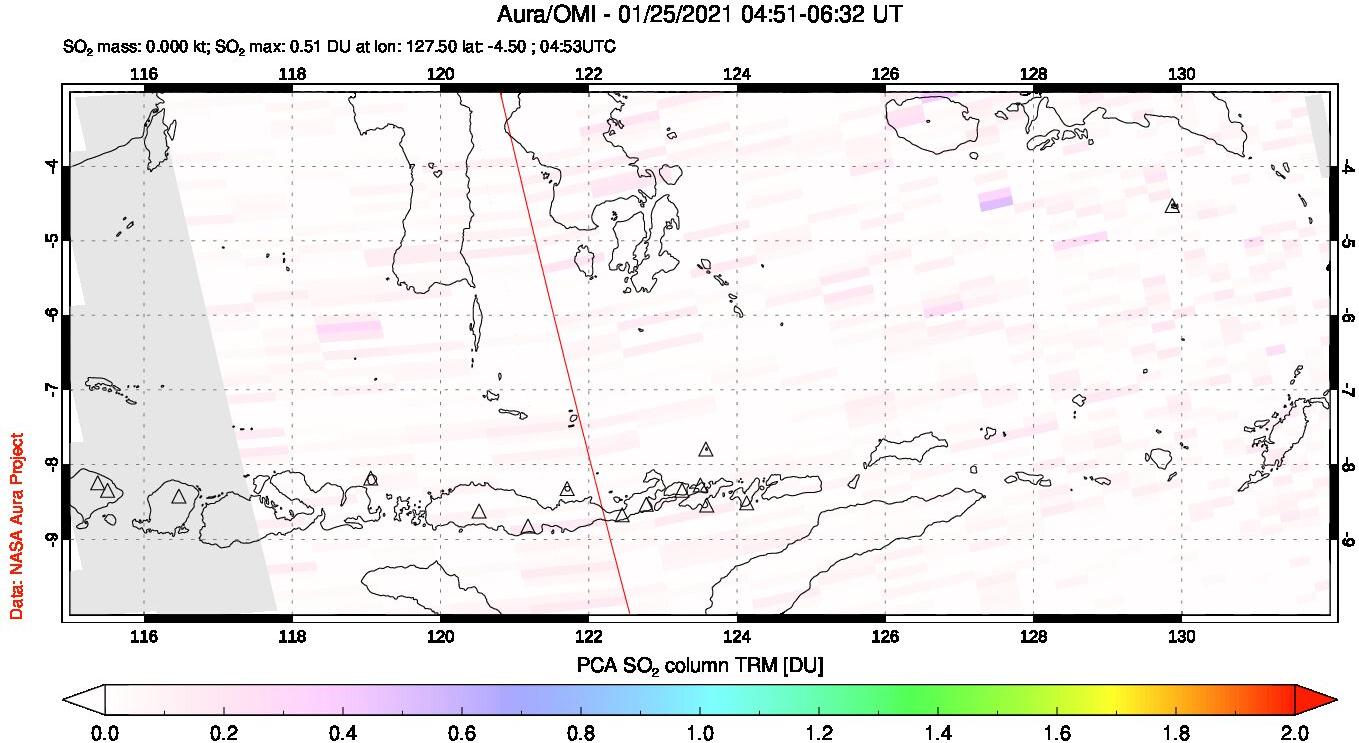 A sulfur dioxide image over Lesser Sunda Islands, Indonesia on Jan 25, 2021.