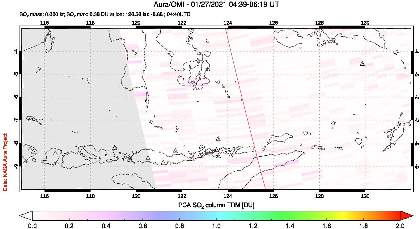A sulfur dioxide image over Lesser Sunda Islands, Indonesia on Jan 27, 2021.