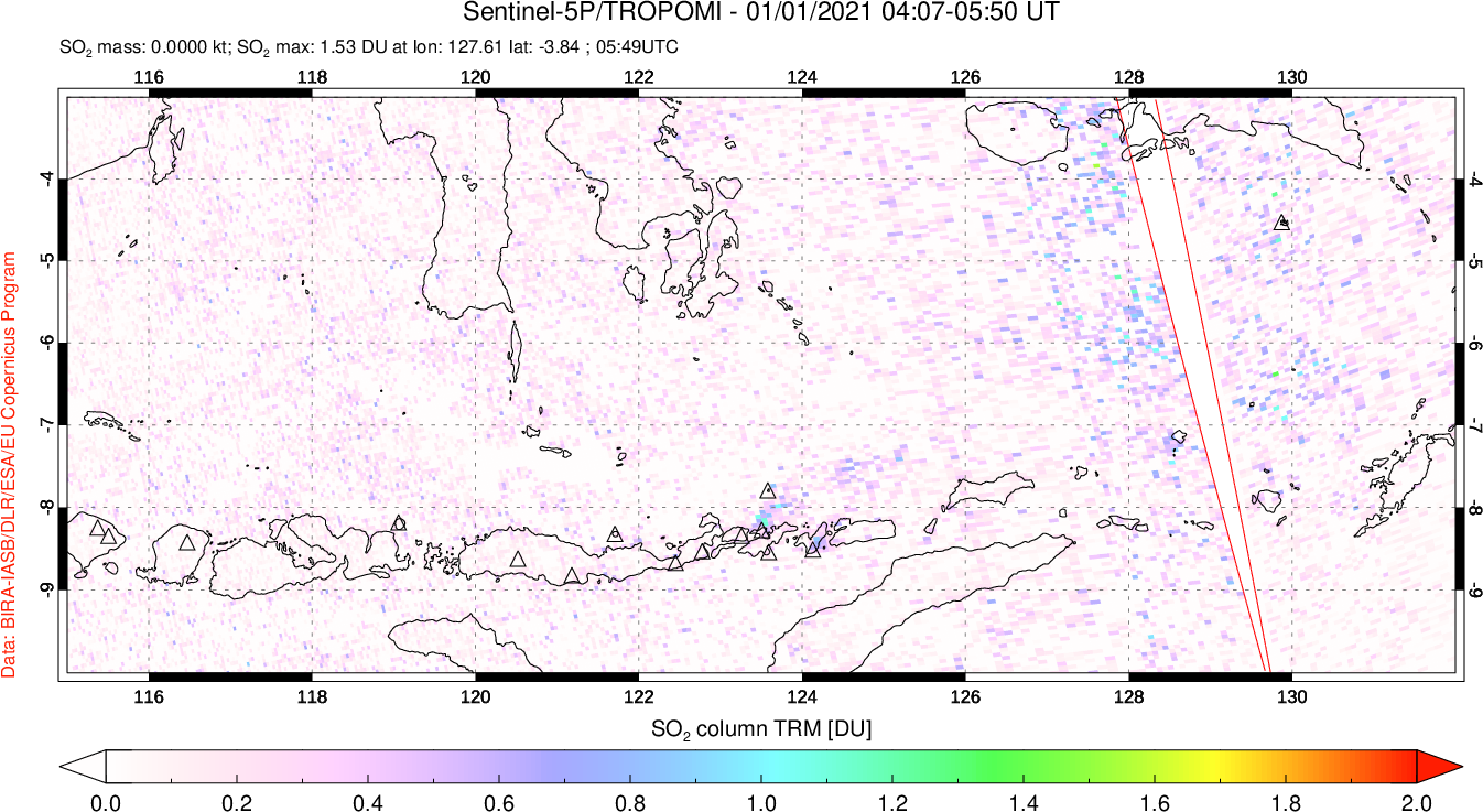 A sulfur dioxide image over Lesser Sunda Islands, Indonesia on Jan 01, 2021.