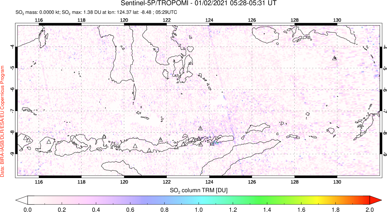 A sulfur dioxide image over Lesser Sunda Islands, Indonesia on Jan 02, 2021.