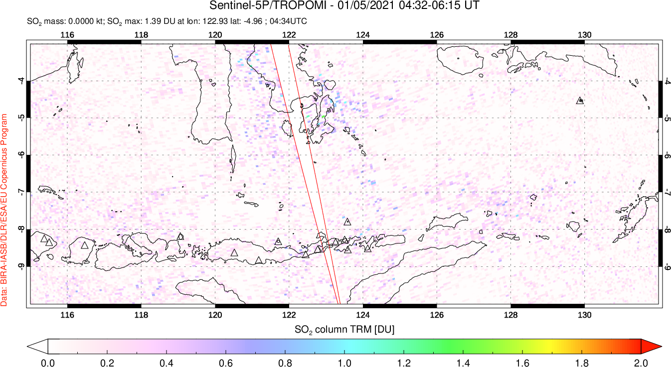 A sulfur dioxide image over Lesser Sunda Islands, Indonesia on Jan 05, 2021.