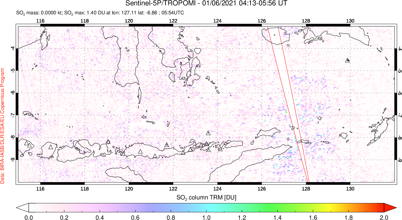 A sulfur dioxide image over Lesser Sunda Islands, Indonesia on Jan 06, 2021.