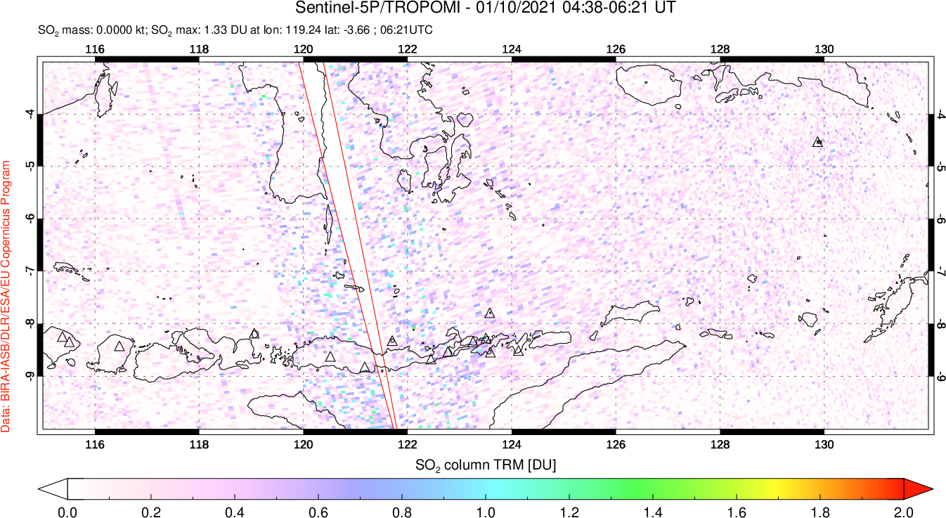 A sulfur dioxide image over Lesser Sunda Islands, Indonesia on Jan 10, 2021.