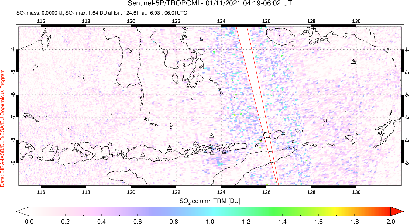 A sulfur dioxide image over Lesser Sunda Islands, Indonesia on Jan 11, 2021.