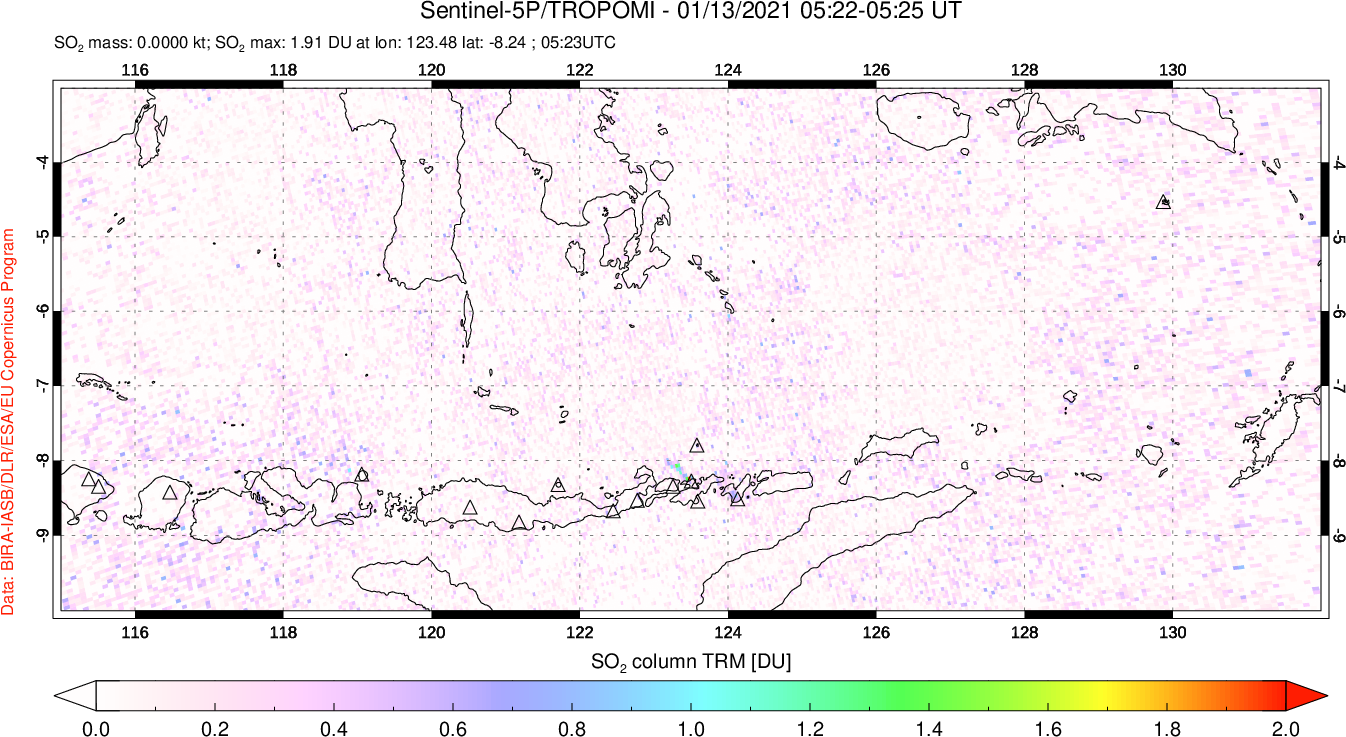 A sulfur dioxide image over Lesser Sunda Islands, Indonesia on Jan 13, 2021.