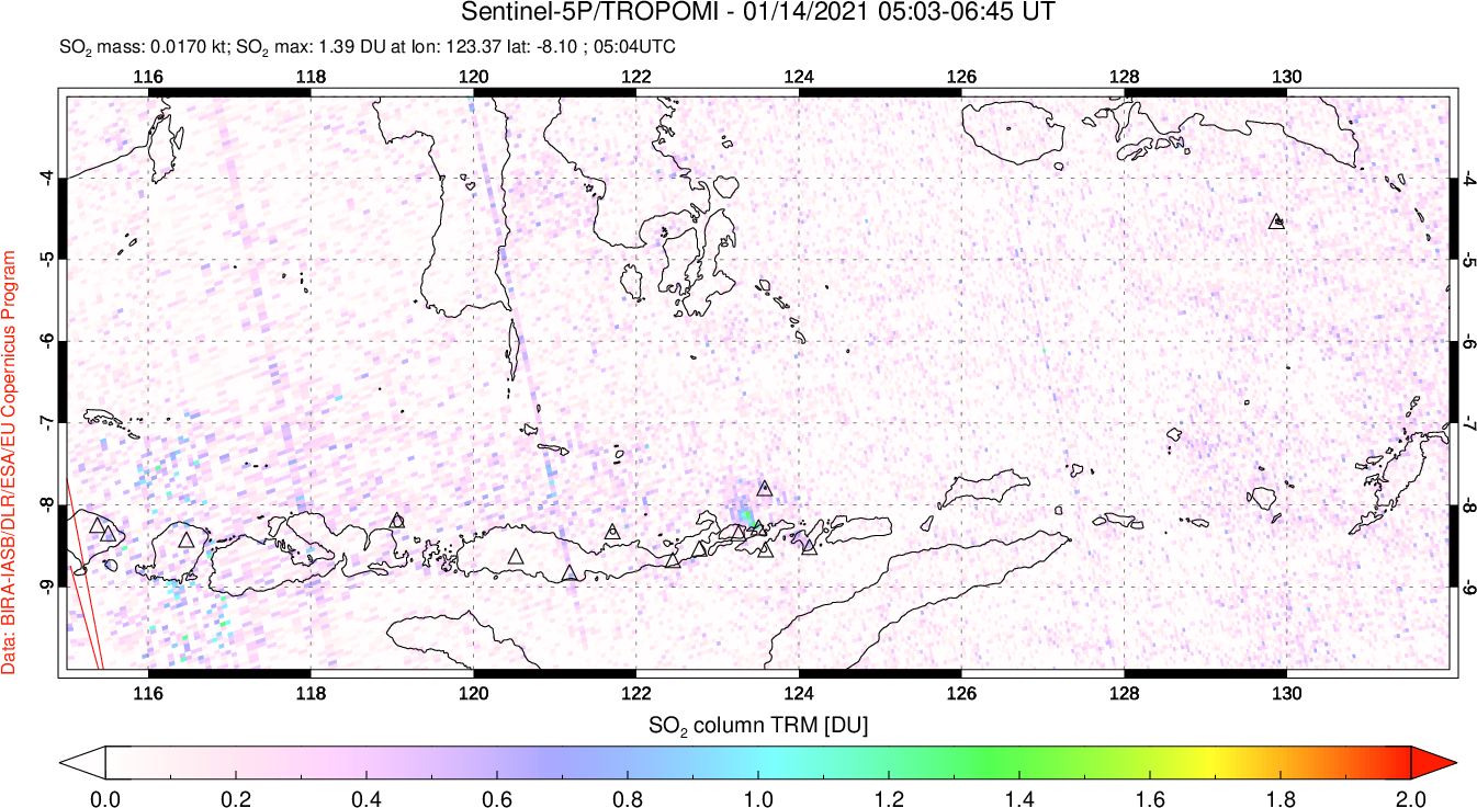 A sulfur dioxide image over Lesser Sunda Islands, Indonesia on Jan 14, 2021.