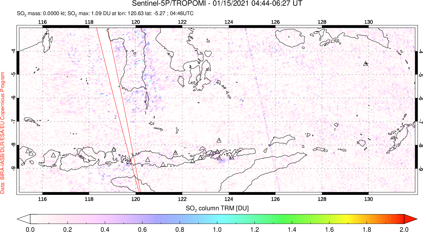 A sulfur dioxide image over Lesser Sunda Islands, Indonesia on Jan 15, 2021.