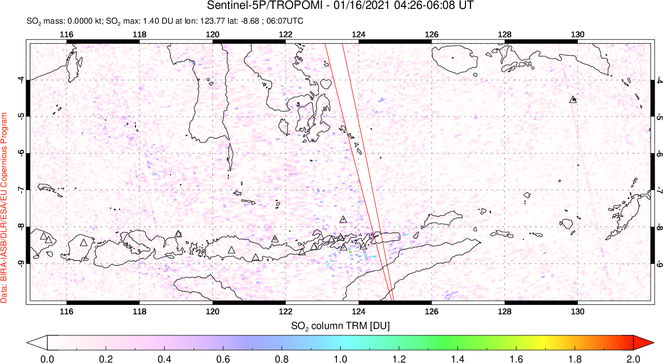 A sulfur dioxide image over Lesser Sunda Islands, Indonesia on Jan 16, 2021.