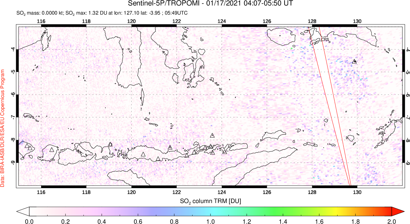 A sulfur dioxide image over Lesser Sunda Islands, Indonesia on Jan 17, 2021.